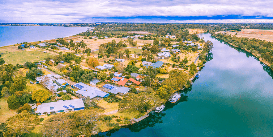 Aerial panorama of Mitchell River and Eagle Point Bay near Bairnsdale, Gippsland, Australia