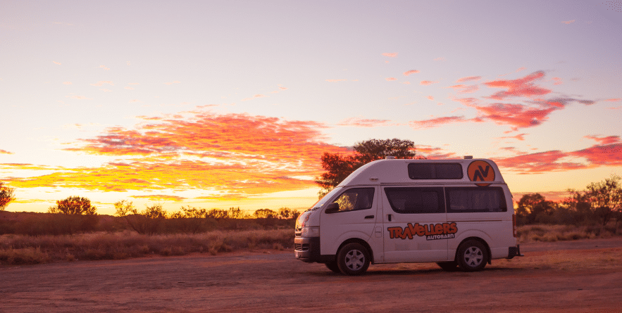 Outback sunset in a campervan, Australia