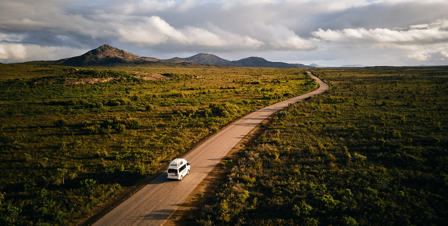 Campervan on road in Cape Le Grand National Park, Western Australia